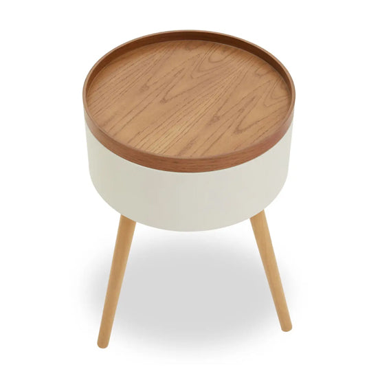 Viborg Round Storage Side Table In Cream And Oak