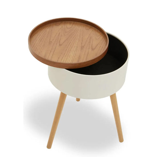 Viborg Round Storage Side Table In Cream And Oak