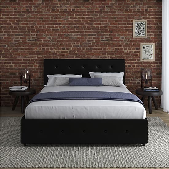 Dakota Faux Leather Double Bed With Storage Drawers In Black