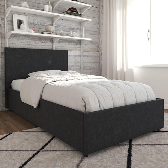 Kelly Linen Fabric Single Bed With 2 Drawers In Dark Grey