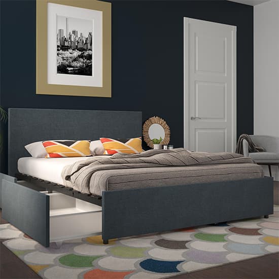 Kelly Linen Fabric Double Bed With 4 Drawers In Navy