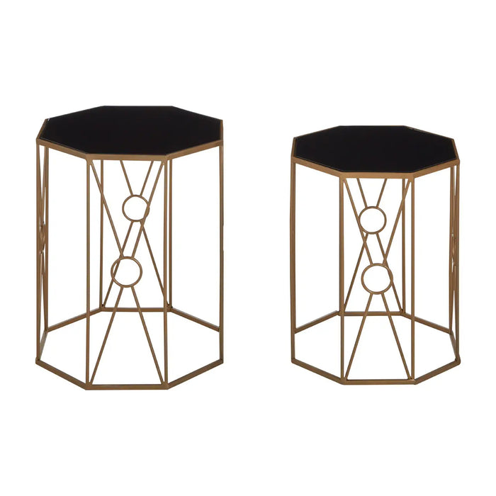 Trento Black Glass Top Set Of 2 End Tables With Slim Rich Copper Frame