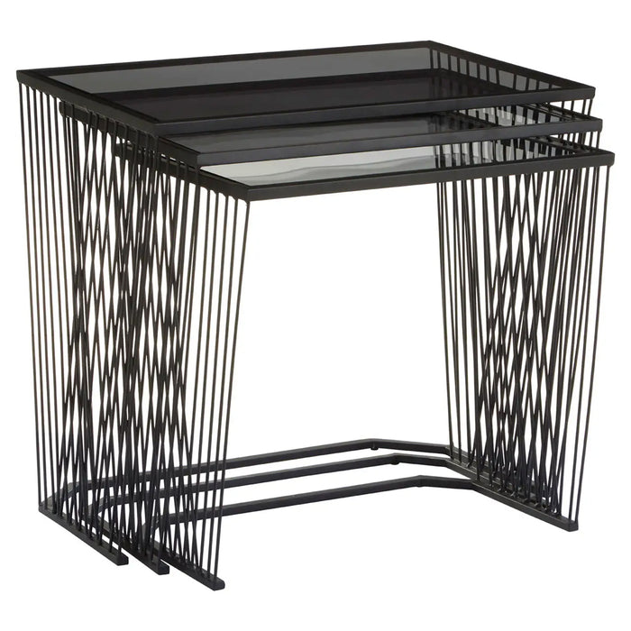 Trento Black Glass Top Set Of 3 Side Tables With Slim Black Frame