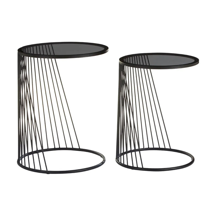 Trento Black Glass Top Set Of 2 Side Tables With Slim Black Frame