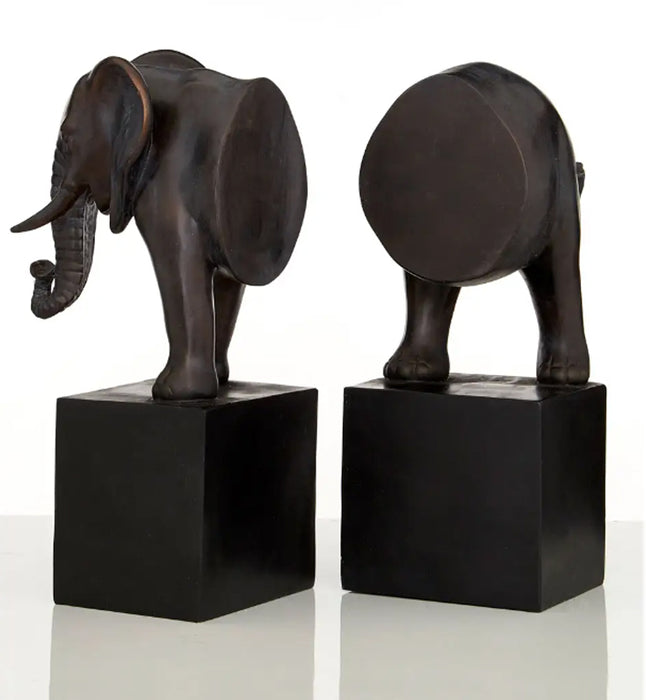 Boho Stone Elephant Bookends In Bronze With Black Base