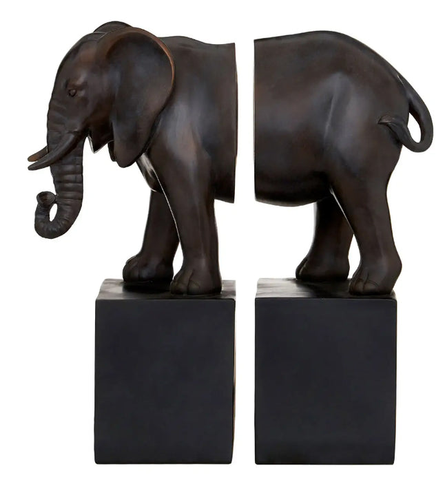 Boho Stone Elephant Bookends In Bronze With Black Base