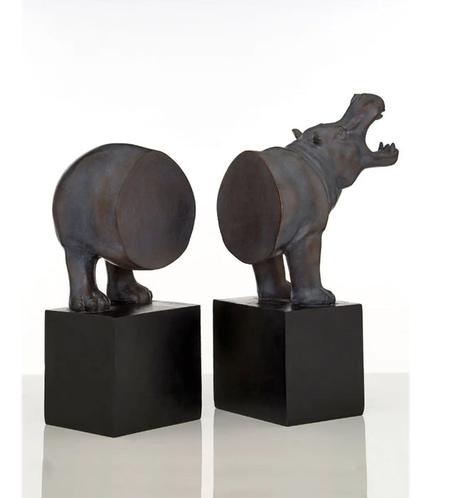 Boho Stone Hippo Bookends In Bronze With Black Base