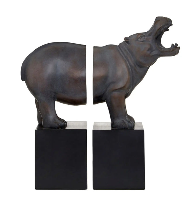 Boho Stone Hippo Bookends In Bronze With Black Base