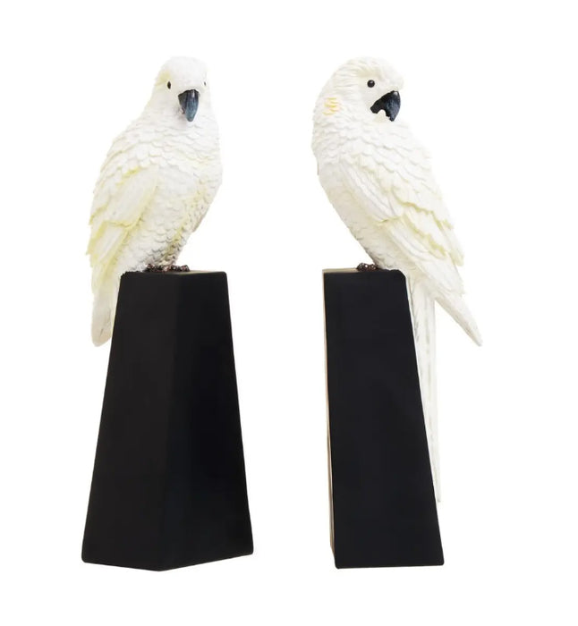 Boho Polyresin Set Of 2 Parrot Bookends In White And Gold