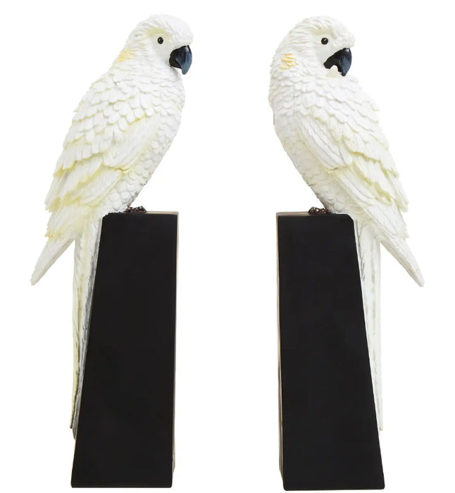 Boho Polyresin Set Of 2 Parrot Bookends In White And Gold