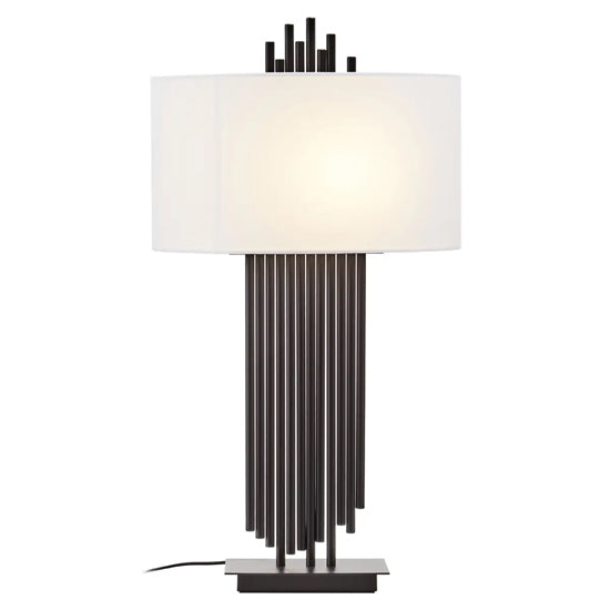 Impero White Linen Shade Table Lamp With Black Iron Metal Base