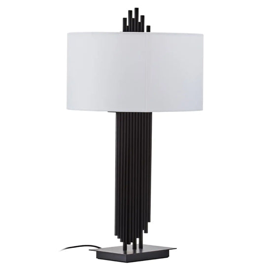 Impero White Linen Shade Table Lamp With Black Iron Metal Base