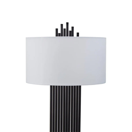 Impero White Linen Shade Table Lamp With Black Iron Metal Base