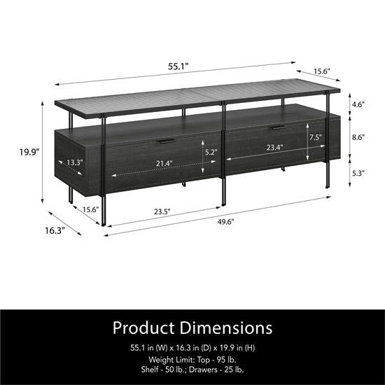 Wainwright Glass TV Stand With 2 Drawers In Black Oak