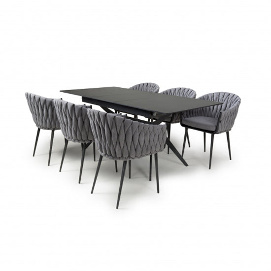 Tarsus Extending Black Ceramic Top Dining Table With 6 Pandora Grey Chairs