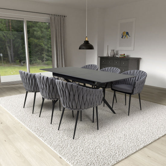 Tarsus Extending Black Ceramic Top Dining Table With 6 Pandora Grey Chairs