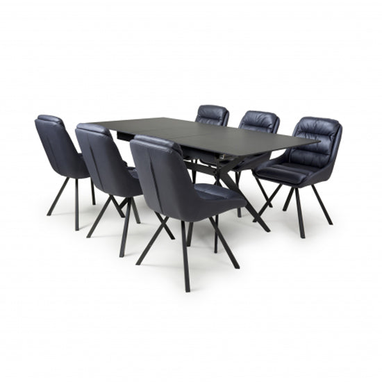 Tarsus Extending Black Ceramic Top Dining Table With 6 Arnhem Midnight Blue Chairs