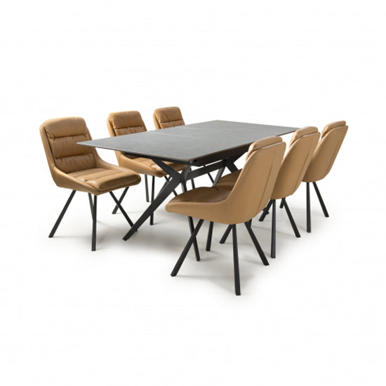 Tarsus Extending Grey Ceramic Top Dining Table With 6 Arnhem Tan Chairs