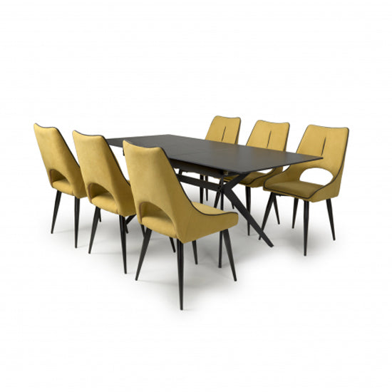 Tarsus Extending Black Ceramic Top Dining Table With 6 Lima Yellow Chairs