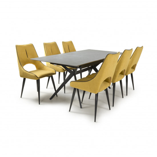 Tarsus Extending Grey Ceramic Top Dining Table With 6 Lima Yellow Chairs