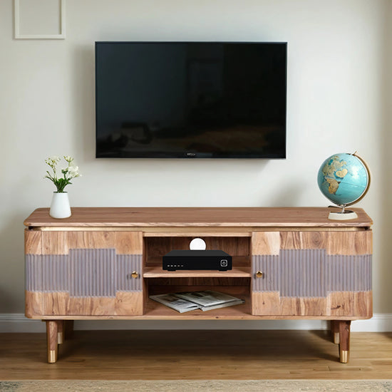 Wilton Acacia Wood TV Stand With 2 Doors In Natural And Grey