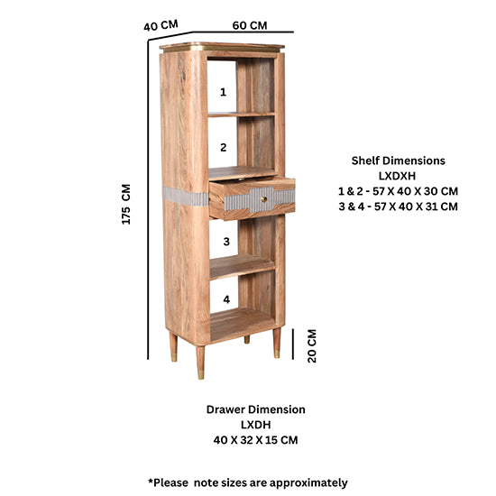 Wilton Acacia Wood Slim Bookcase With 1 Drawer In Natural And Grey