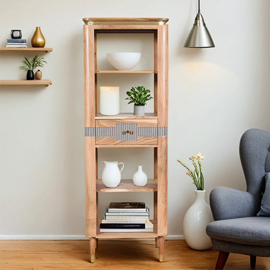 Wilton Acacia Wood Slim Bookcase With 1 Drawer In Natural And Grey