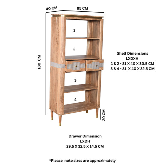 Wilton Acacia Wood Open Bookcase With 2 Drawers In Natural And Grey