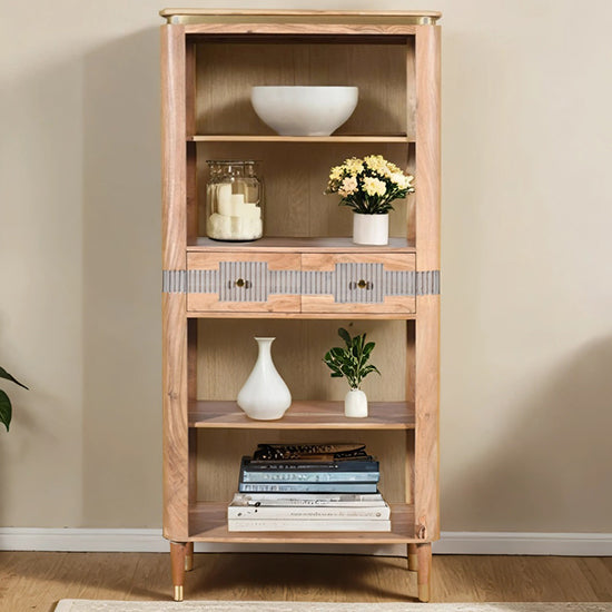 Wilton Acacia Wood Open Bookcase With 2 Drawers In Natural And Grey