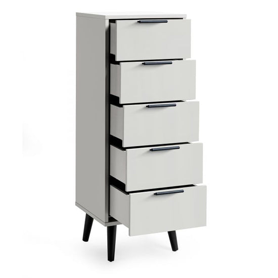 Alba Narrow Wooden Chest Of 5 Drawers In Silk Grey