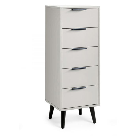 Alba Narrow Wooden Chest Of 5 Drawers In Silk Grey