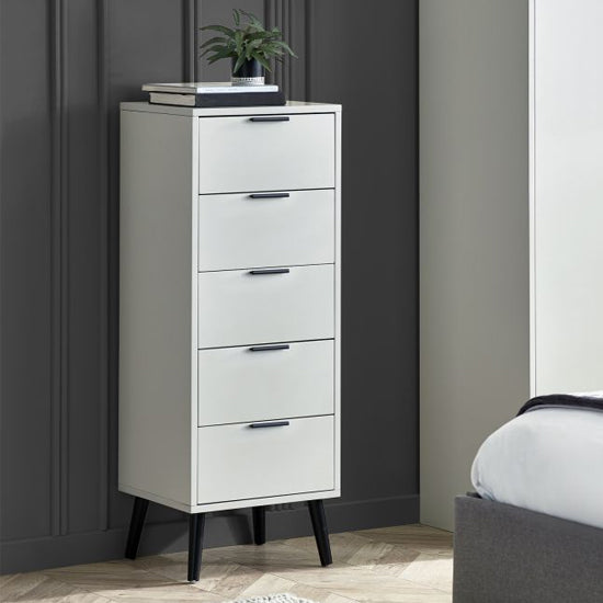 Alba Narrow Wooden Chest Of 5 Drawers In Silk Grey