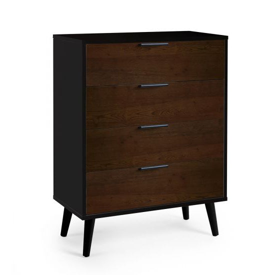 Alba Wide Wooden Chest Of 4 Drawers In Walnut And Black