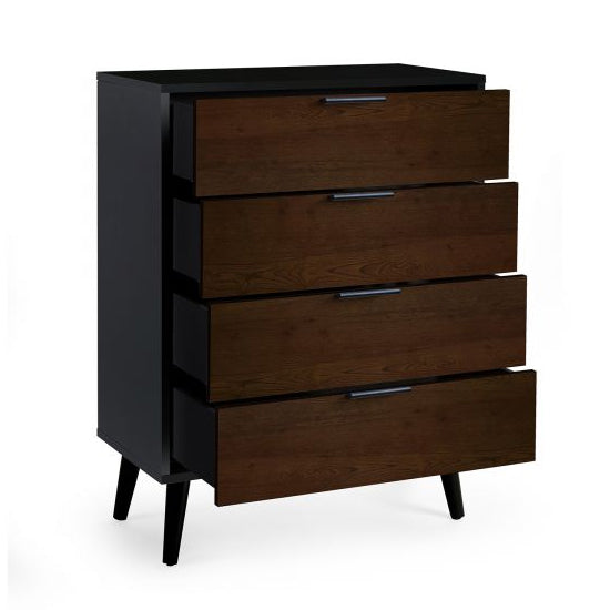 Alba Wide Wooden Chest Of 4 Drawers In Walnut And Black