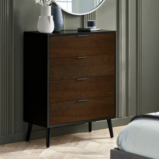 Alba Wide Wooden Chest Of 4 Drawers In Walnut And Black