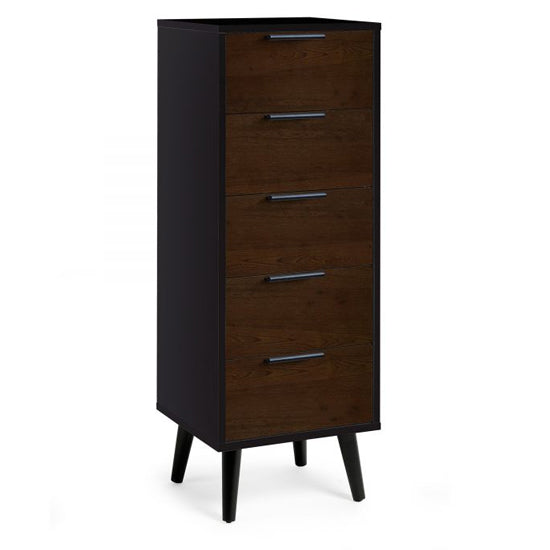 Alba Narrow Wooden Chest Of 5 Drawers In Walnut And Black