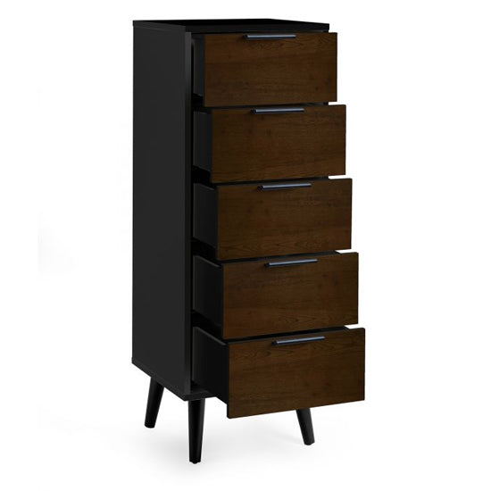 Alba Narrow Wooden Chest Of 5 Drawers In Walnut And Black