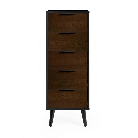 Alba Narrow Wooden Chest Of 5 Drawers In Walnut And Black