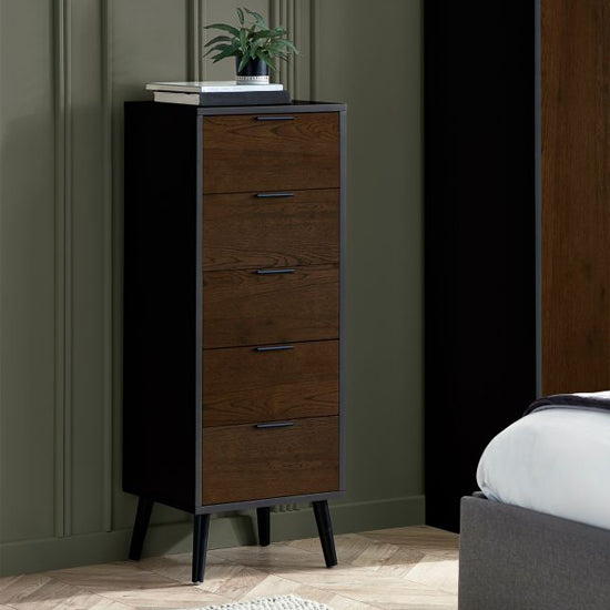 Alba Narrow Wooden Chest Of 5 Drawers In Walnut And Black