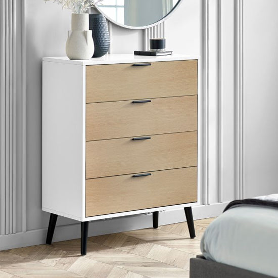 Alba Wide Wooden Chest Of 4 Drawers In White And Oak