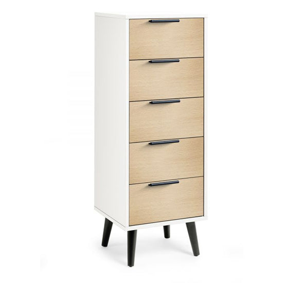 Alba Narrow Wooden Chest Of 5 Drawers In White And Oak