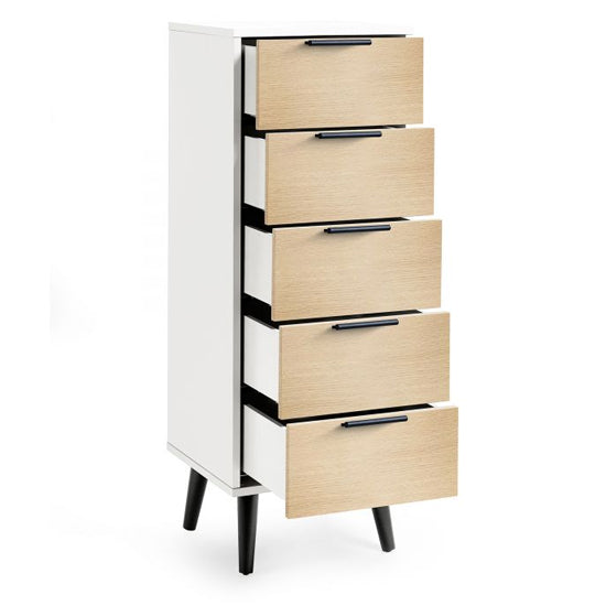 Alba Narrow Wooden Chest Of 5 Drawers In White And Oak