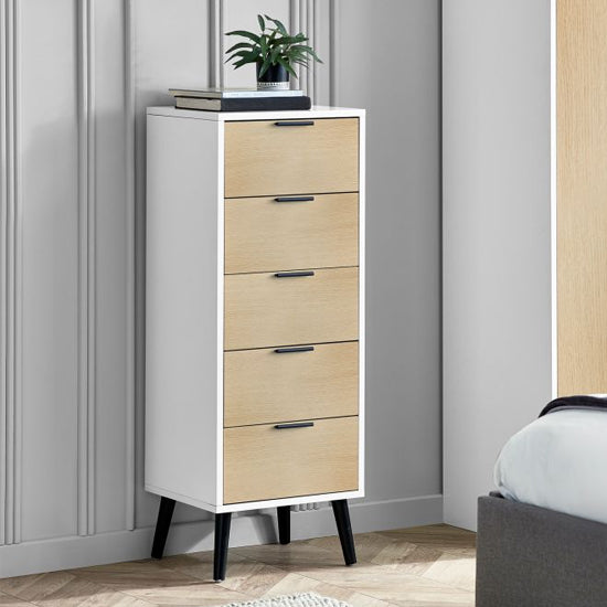 Alba Narrow Wooden Chest Of 5 Drawers In White And Oak