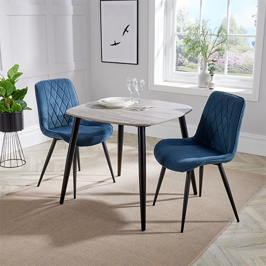 Aspen Grey Oak Square Dining Table With 2 Blue Fabric Chairs