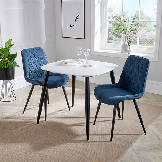 Aspen White Square Dining Table With 2 Blue Diamond Stitch Fabric Chairs