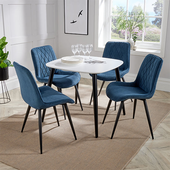 Aspen White Square Dining Table With 4 Blue Diamond Stitch Fabric Chairs