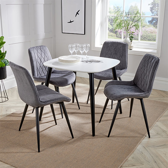 Aspen White Square Dining Table With 4 Grey Diamond Stitch Fabric Chairs