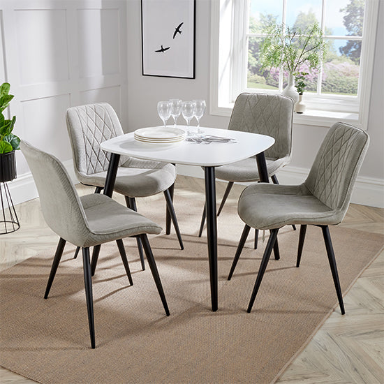 Aspen White Square Dining Table With 4 Light Grey Diamond Stitch Fabric Chairs