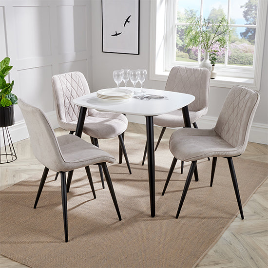 Aspen White Square Dining Table With 4 Natural Diamond Stitch Fabric Chairs