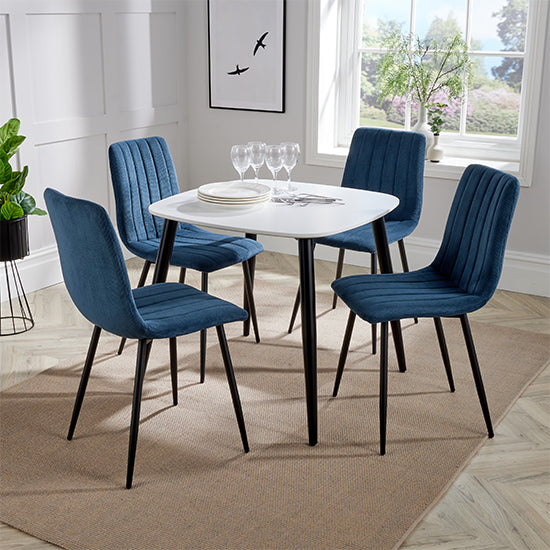 Aspen White Square Dining Table With 4 Blue Straight Stitch Fabric Chairs